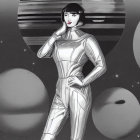 Vintage metallic spacesuit worn by woman in front of spherical backdrop