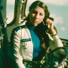 Vintage pilot woman in aircraft cockpit with headphones, gazing thoughtfully under clear skies