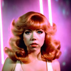 Voluminous Auburn-Haired Woman with Dramatic Makeup in Neon Lights