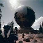 Astronaut in spacesuit with camera by reflective sphere in forest