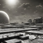 Monochrome sci-fi cityscape with futuristic buildings and celestial bodies