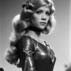 Monochrome image: Woman with curly blonde hair in sparkling attire and headset.