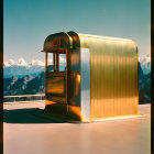 Vintage Cable Car Cabin with Panoramic Windows and Snow-Capped Mountains