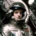 Vintage astronaut portrait inside spacecraft with instrument panels.