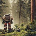 Futuristic armored figure in misty forest with debris and towering trees