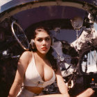 Woman in white swimsuit with headphones in front of aircraft cockpit and dials.