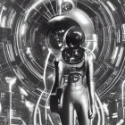 Monochrome image: Person in futuristic spacesuit by spacecraft hatch