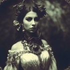 Vintage Gothic Woman Portrait with Elaborate Attire and Oval Frame