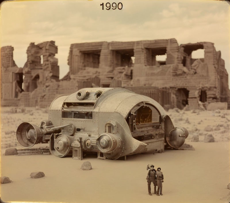 Vintage Attired Individuals Observing Retro-Futuristic Spacecraft in Desert