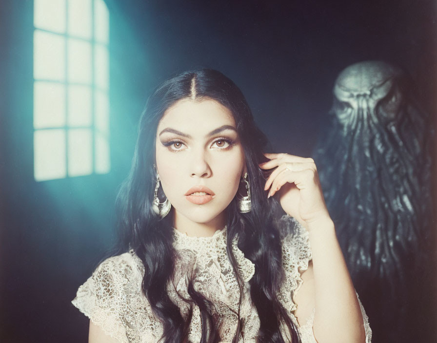 Dark-haired woman in vintage lace dress with striking makeup, sunlight and shadowy figure.