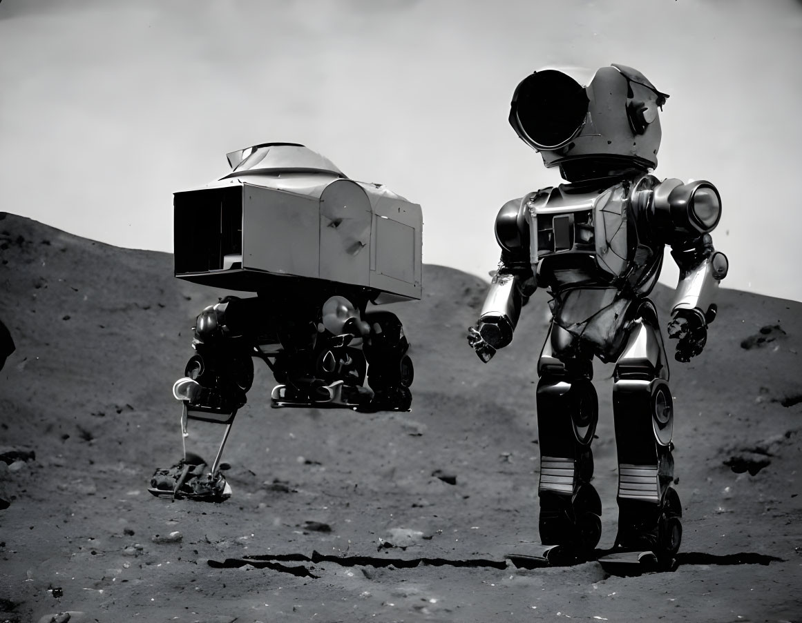 Astronauts on lunar-like surface with rover and lander module