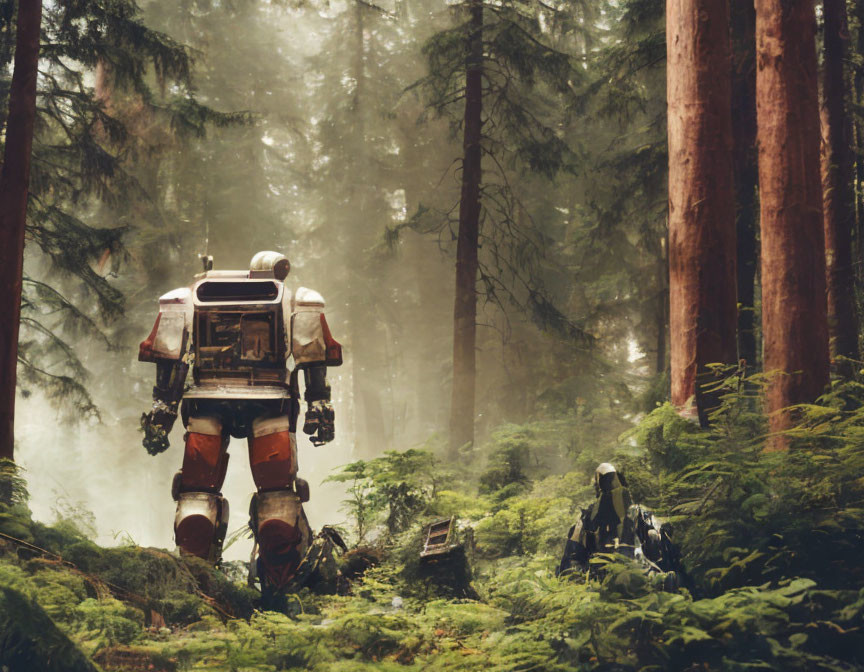 Futuristic armored figure in misty forest with debris and towering trees