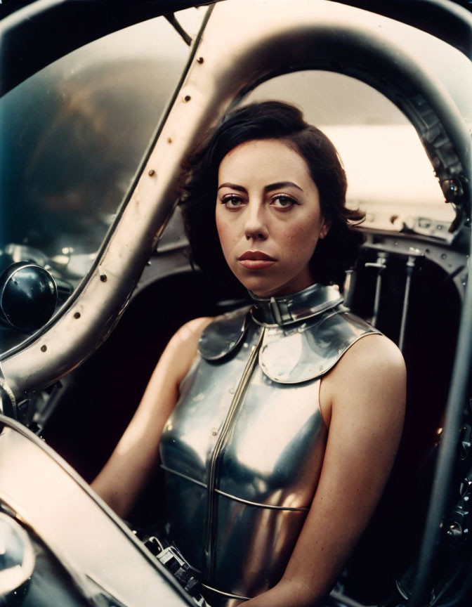 Futuristic woman in metallic outfit inside cockpit with sophisticated equipment