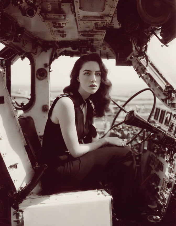 Woman in black outfit seated in aircraft cockpit with control panels and windows.