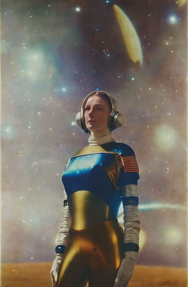 Futuristic woman in spacesuit with cosmic background