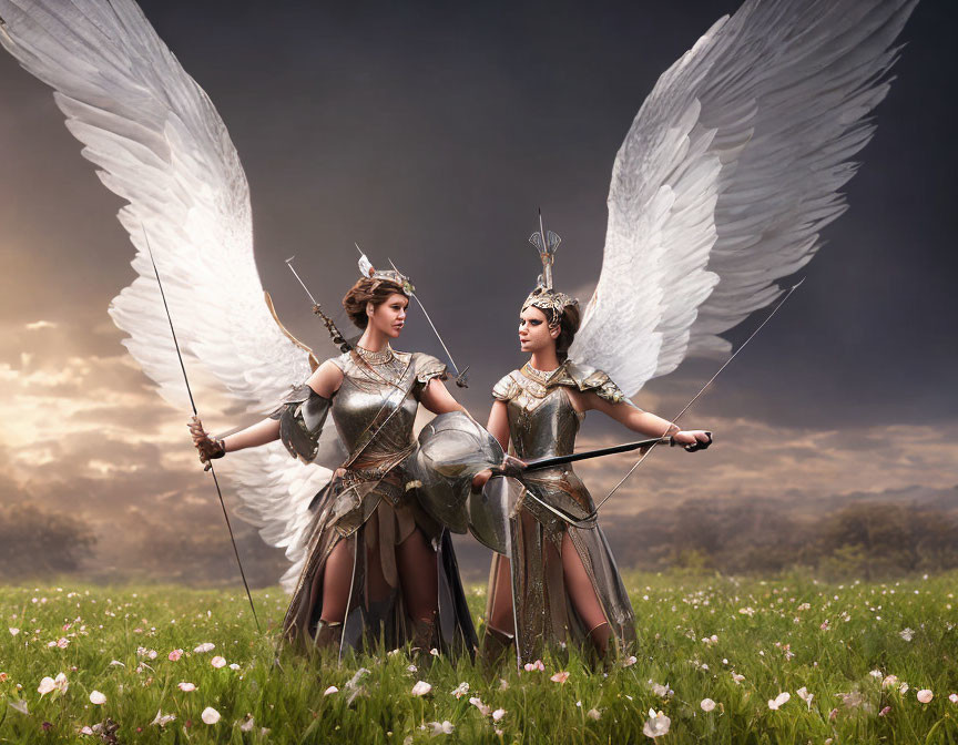 Two women in armor with angelic wings and bows in a field with flowers under dramatic sky