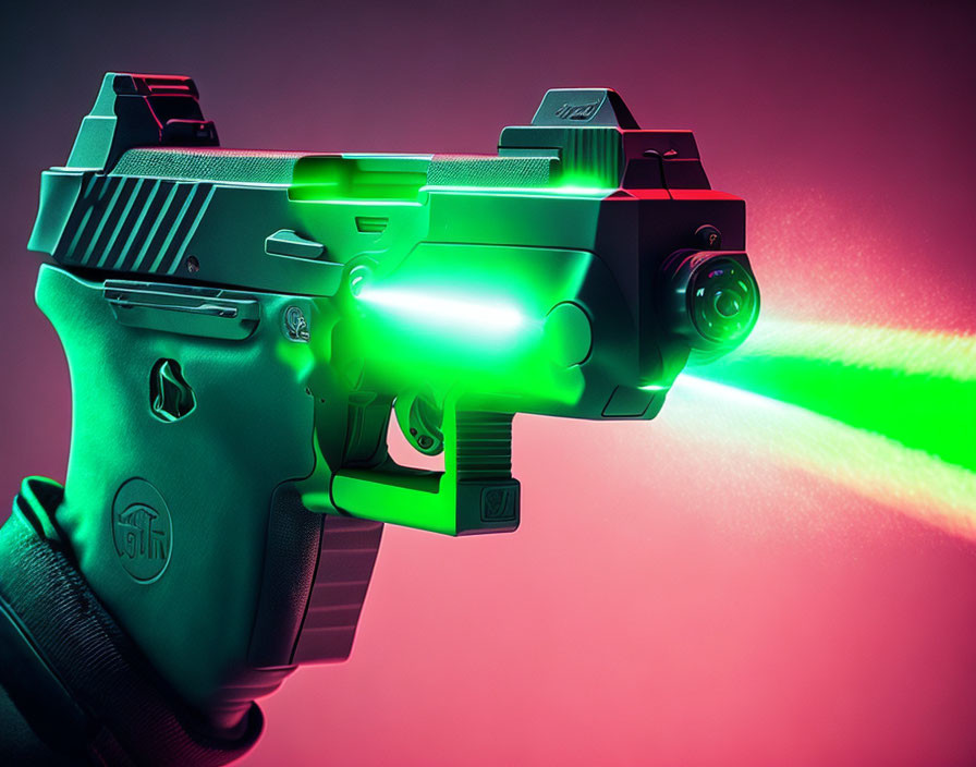 Close-up of hand holding futuristic green blaster gun on pink and purple background