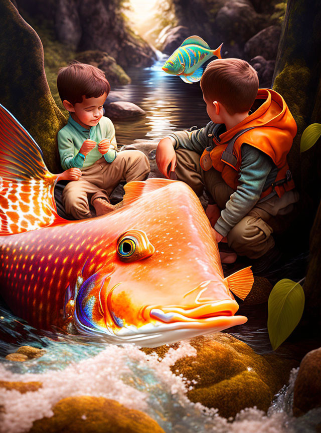 Children in life vests interact with colorful fish by a creek