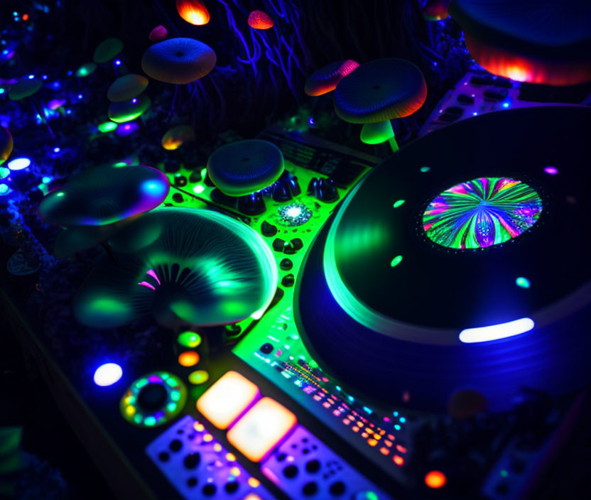 Colorful DJ Setup with Psychedelic Decorations and Turntable