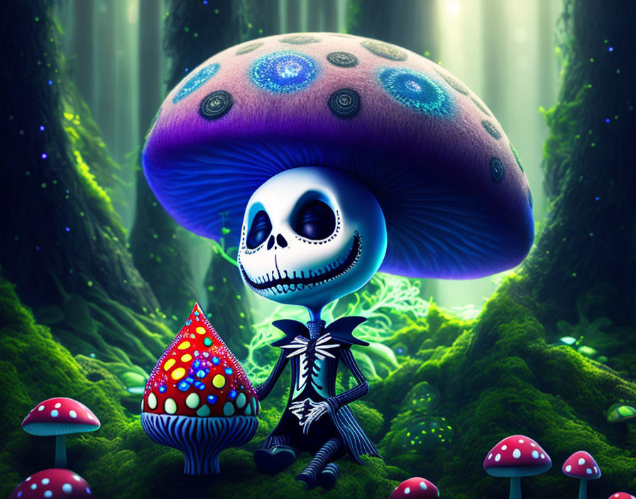 Skeleton Character in Striped Suit with Vibrant Mushrooms in Glowing Forest