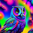 Colorful Owl with Psychedelic Patterns on Rainbow Background