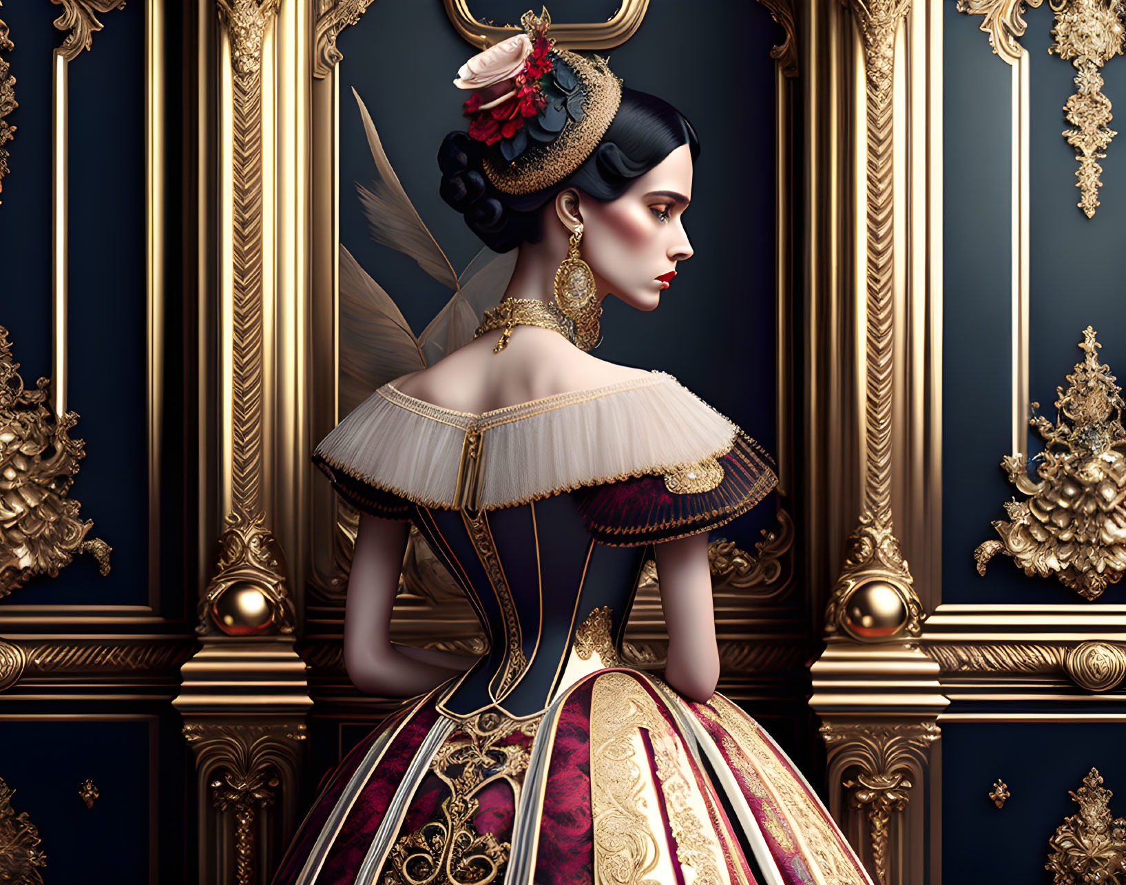 Detailed illustration of woman in ornate historical dress with gold accents and elaborate mirrors.