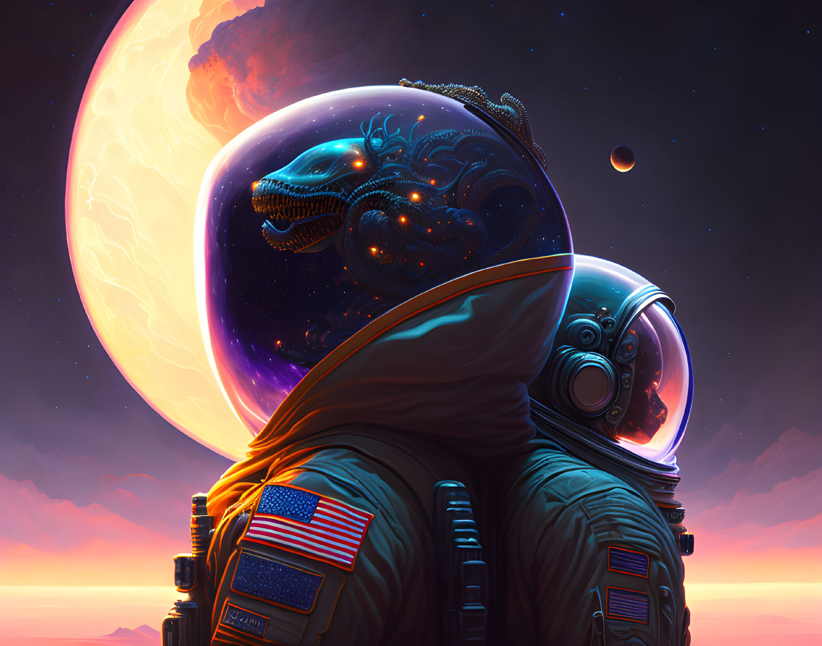 Astronaut with reflective helmet and dragon-like creature in space scenery