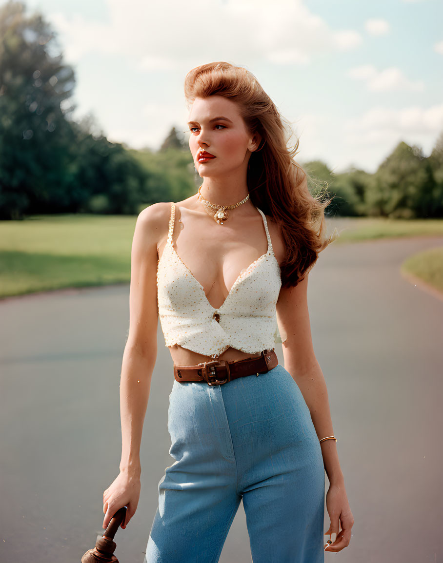 Vintage-inspired stylish woman in high-waist blue pants and umbrella outdoors