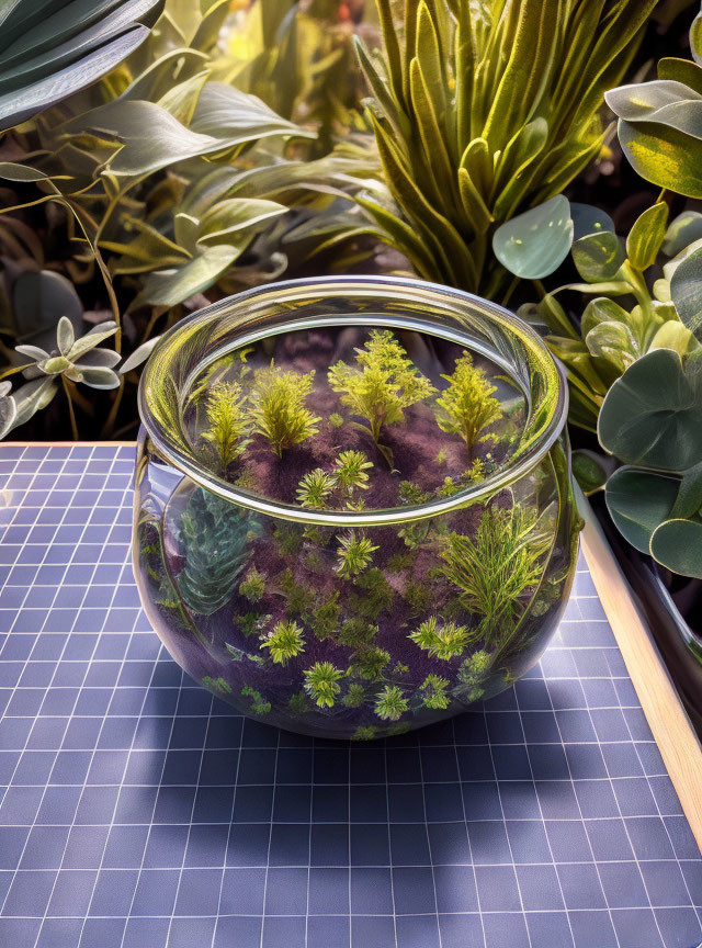 Glass terrarium with green plants and moss in sunlit room surrounded by potted plants