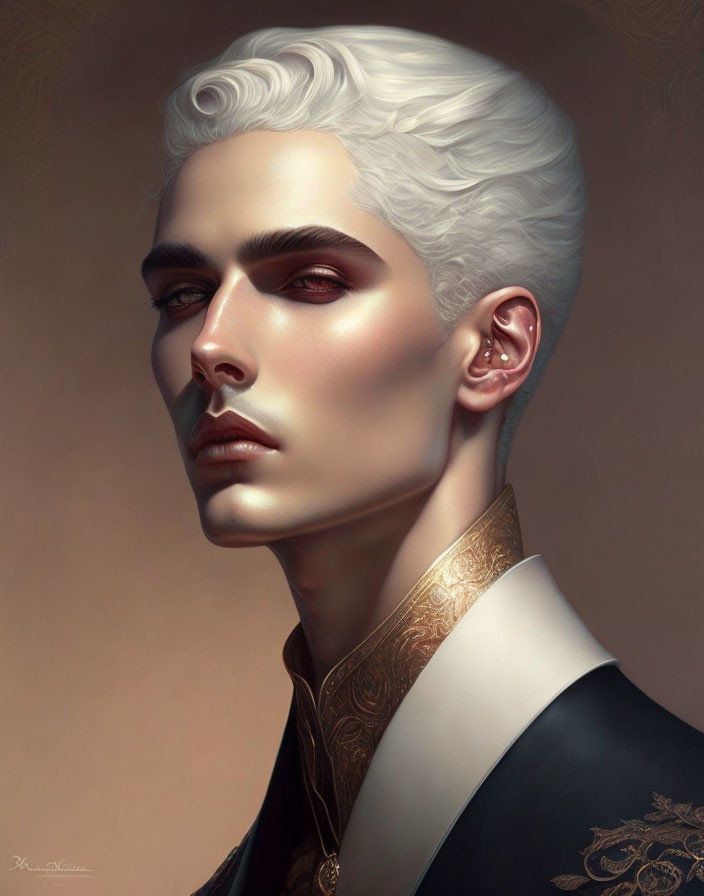 Digital portrait of person with white hair, sharp features, dark eyebrows, black suit with gold embroidery