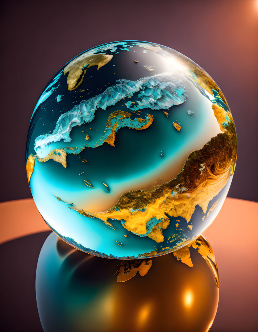 Artistic Sphere with Earth-like Features on Reflective Surface Against Brown Gradient