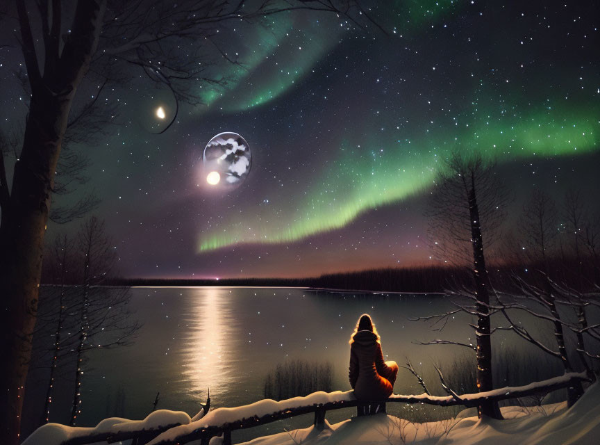 Person in winter coat by forest lake under starry sky with Northern Lights and luminous moon