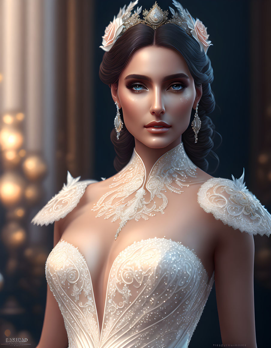 Portrait of woman with blue eyes in white gown & tiara