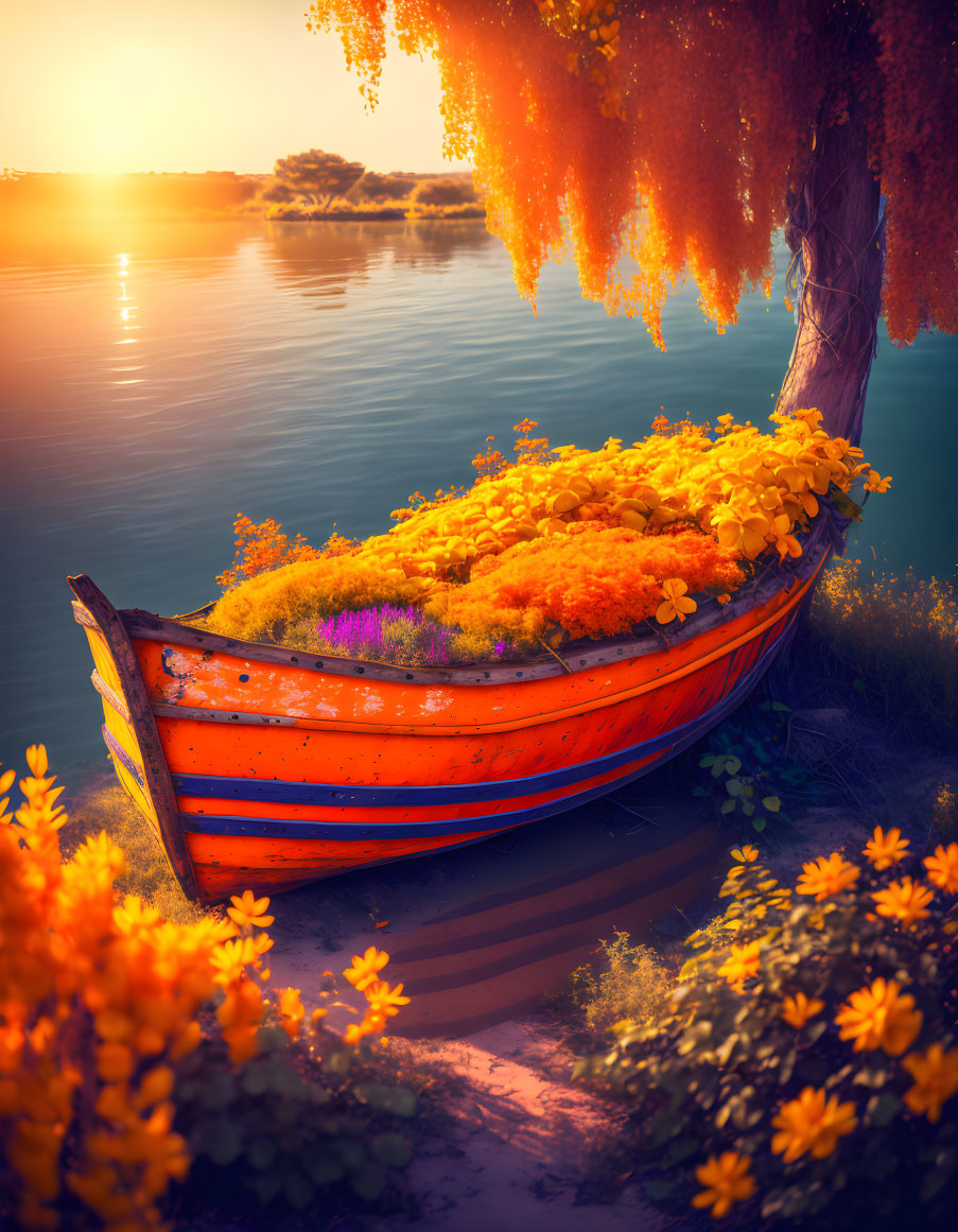 Colorful Wooden Boat Filled with Yellow Flowers by Lakeside