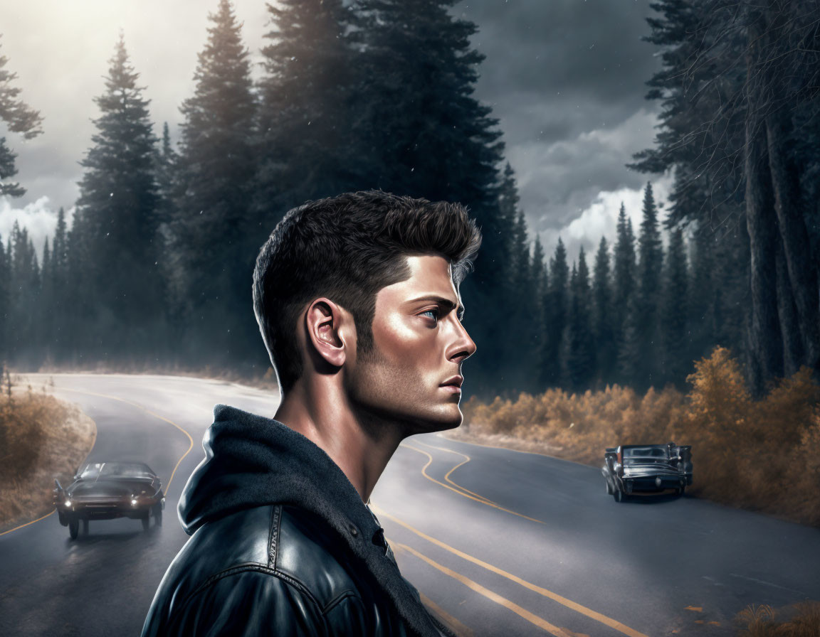 Profile view portrait of a young man superimposed on a moody forest road with vintage cars and