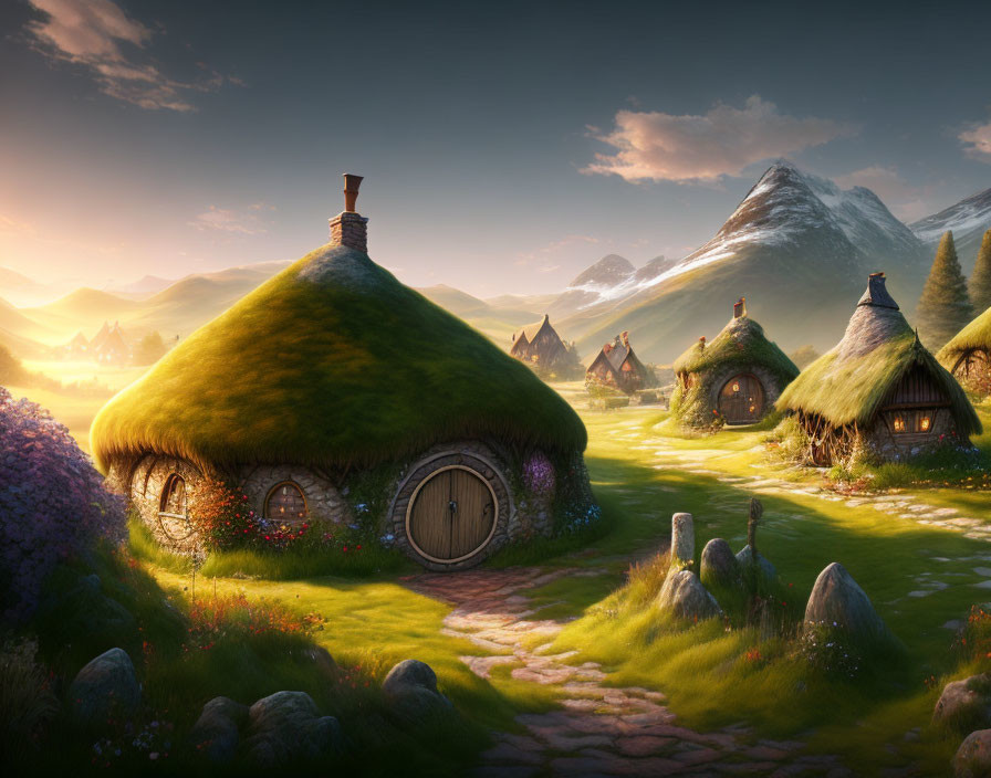 Fantasy landscape with quaint cottages, cobblestone path, lush flowers, mountains, sunrise/s