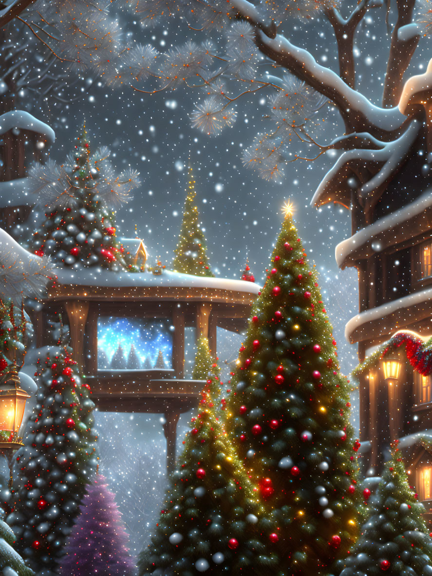 Snow-covered trees and lit Christmas decorations in a festive winter scene