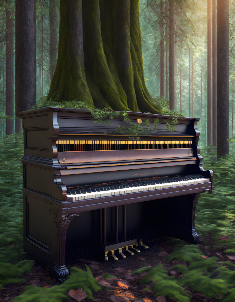 Upright piano in serene forest with sunlight filtering through trees