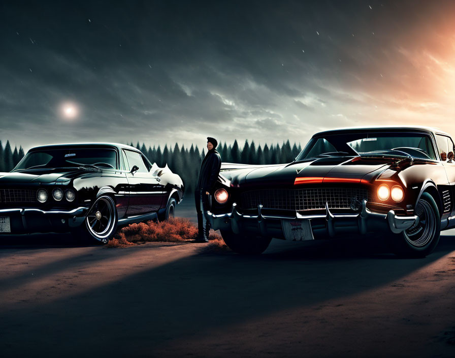 Man in suit between classic cars on deserted road at dusk