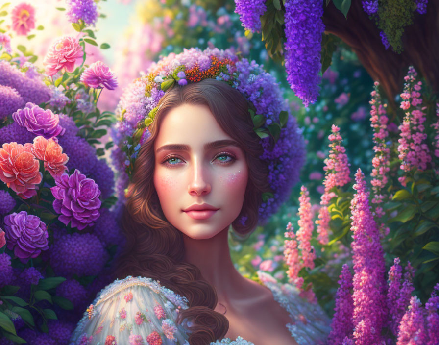 Woman with floral crown surrounded by colorful blossoms radiates serenity and nature connection.