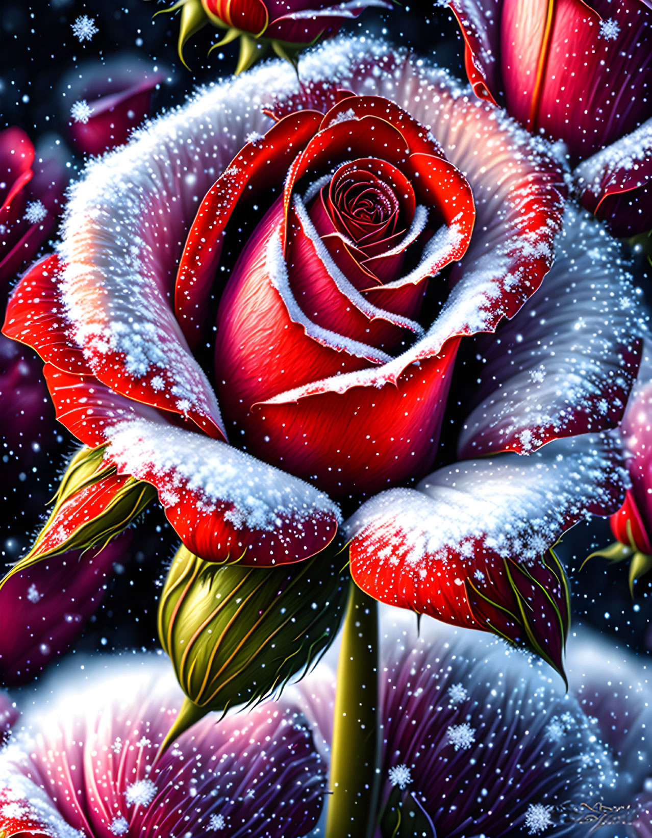 Red Rose and Hibiscus Flowers in Snowy Night Scene