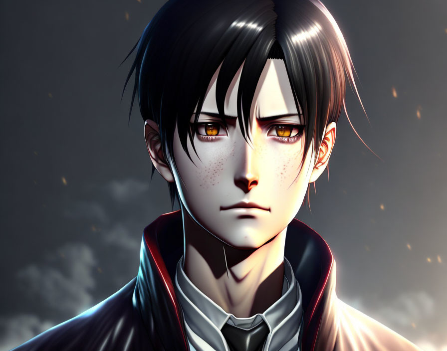 Somber animated character with dark hair, red scarf, and sparks in background