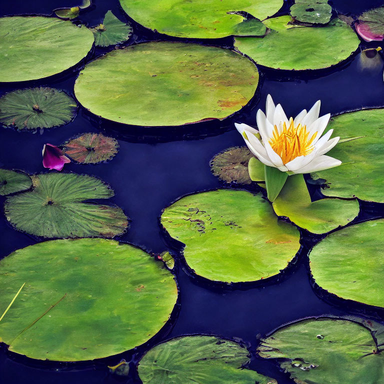 White Water Lily Blooming Among Green Lily Pads on Dark Water