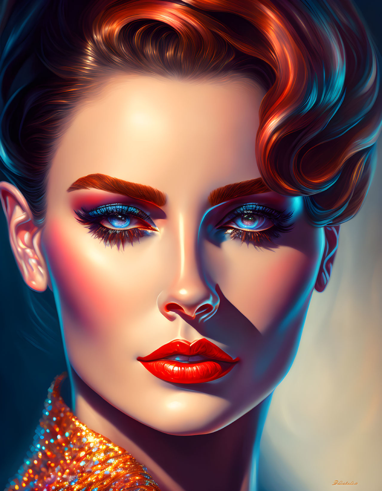 Digital art portrait of a woman with stylized makeup and vibrant blue eyes