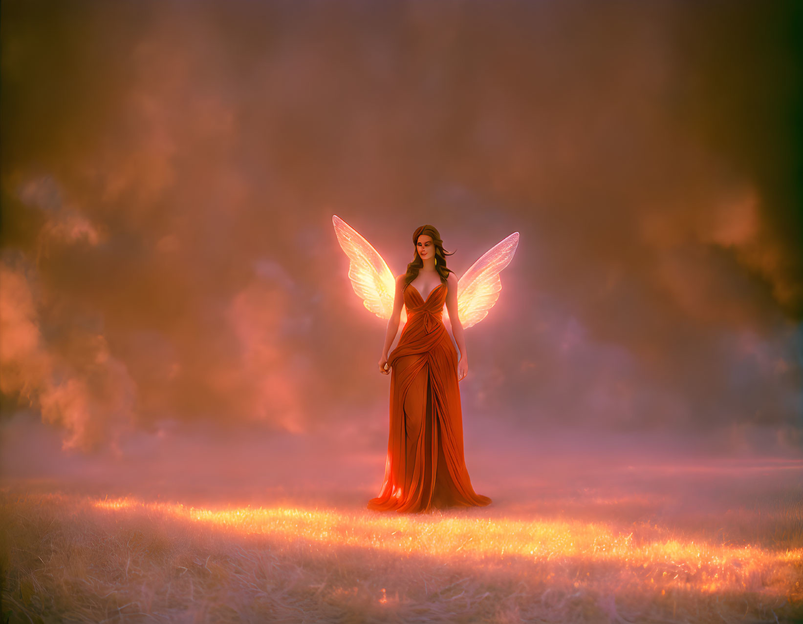 Glowing-winged figure in orange dress in dreamy sunset field