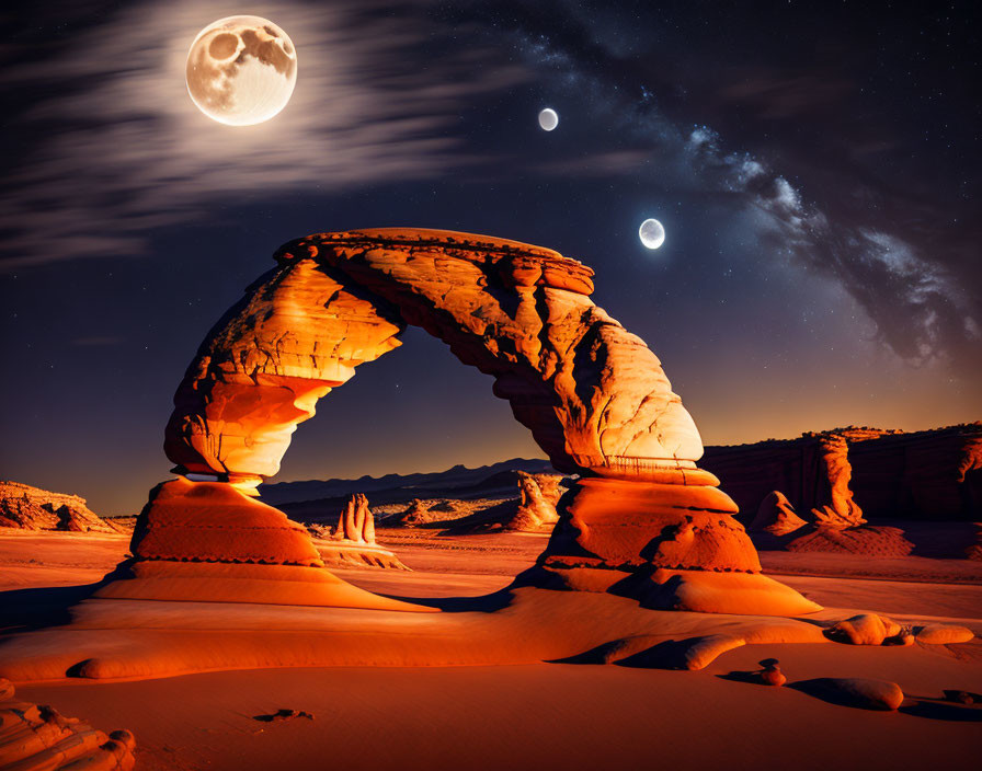 Natural sandstone arch under starry sky with moons at night