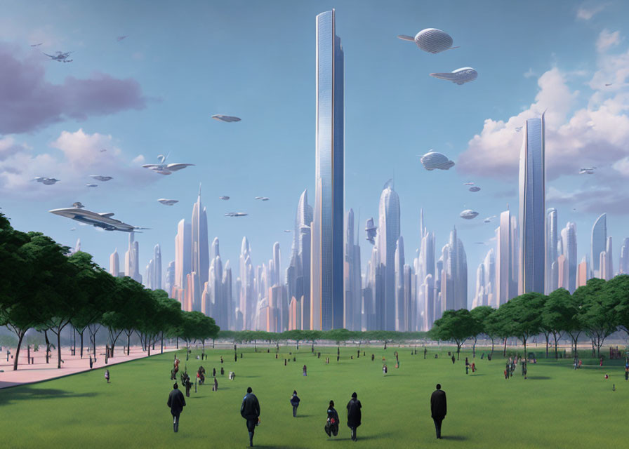 Futuristic cityscape with skyscrapers, park, and flying vehicles