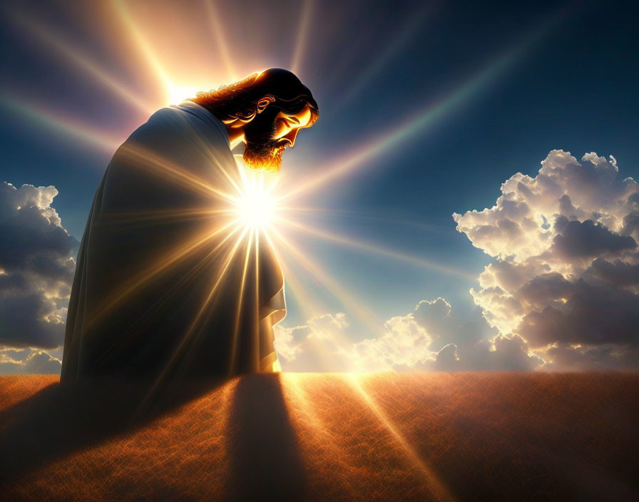 Illustration of figure with radiant heart light against dramatic sky