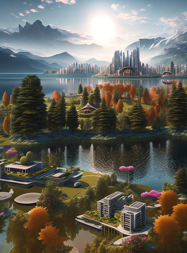 Futuristic cityscape at sunrise with modern buildings, lush landscape, rivers, and mountains