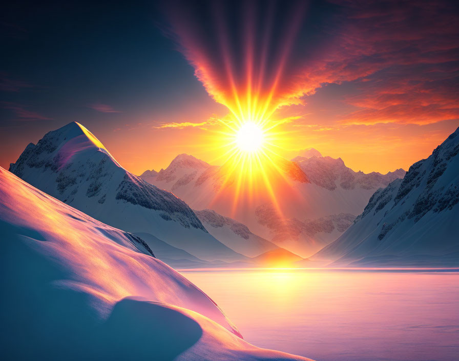 Colorful sunset rays over snow-capped mountains